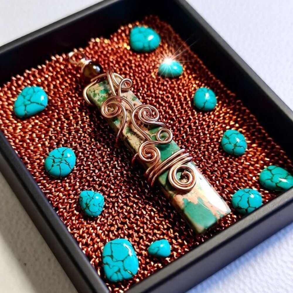 Handcrafted: Wire Wrapped Sea Sediment Jasper Bar Pendant - Eclectic Unique Boho